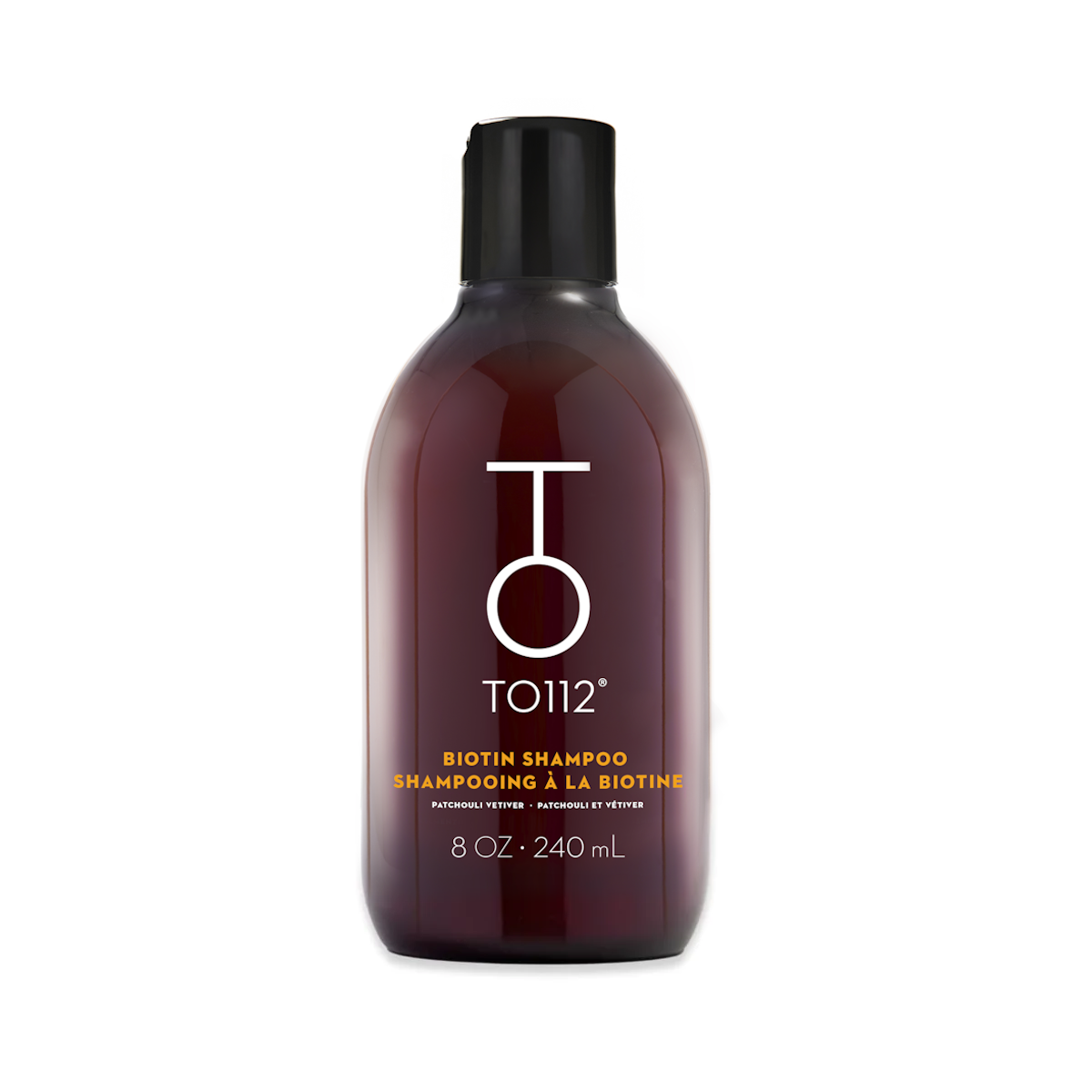 Biotin Shampoo from TO112 - 8oz - 240mL hair growth shampoo in an amber bottle on a white background