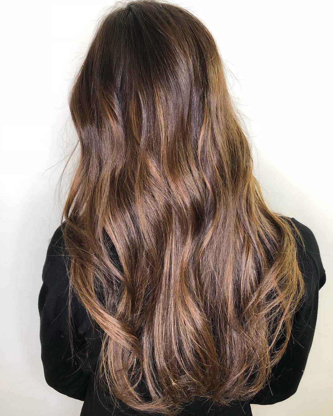 back of womans head showing long shiny brown hair after using to112 products