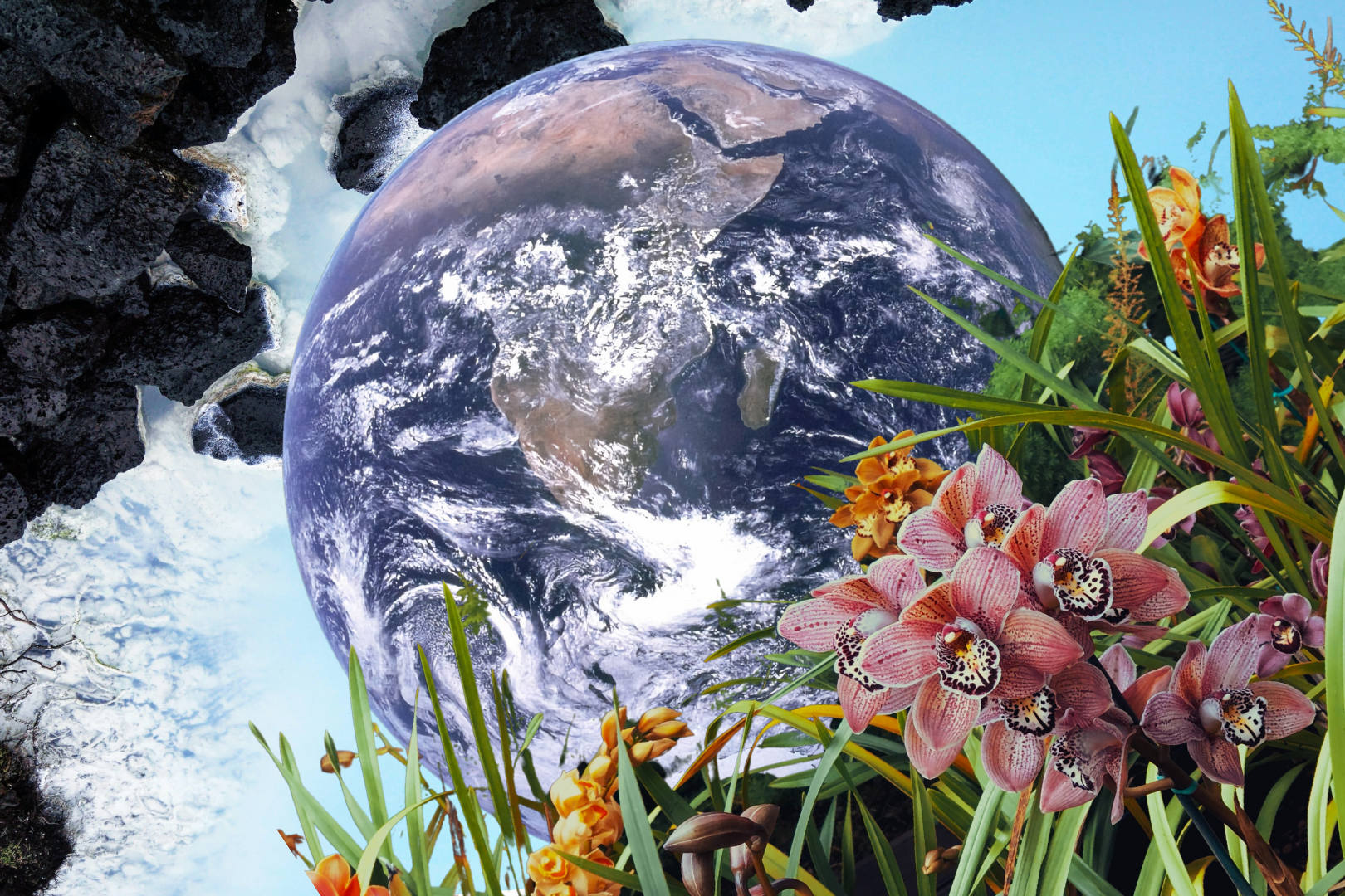 Eath Day 2023 Invest In Our Planet NASA shot of Earth surrounded by ocean and flowers