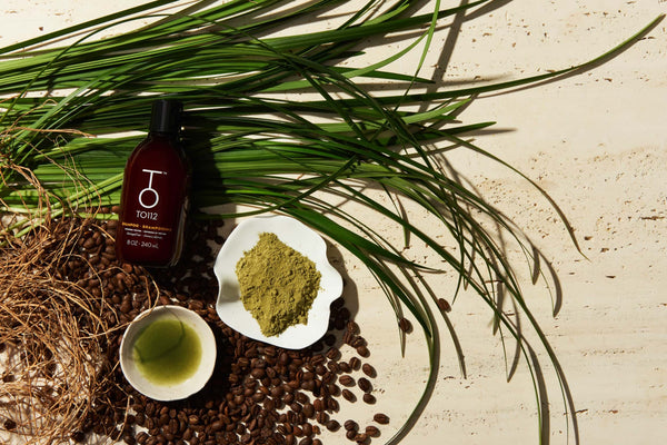 TO112 Biotin Shampoo styled on a bed of vetiver, coffee beans, and patchouli with bowls of tamanu oil and moringa