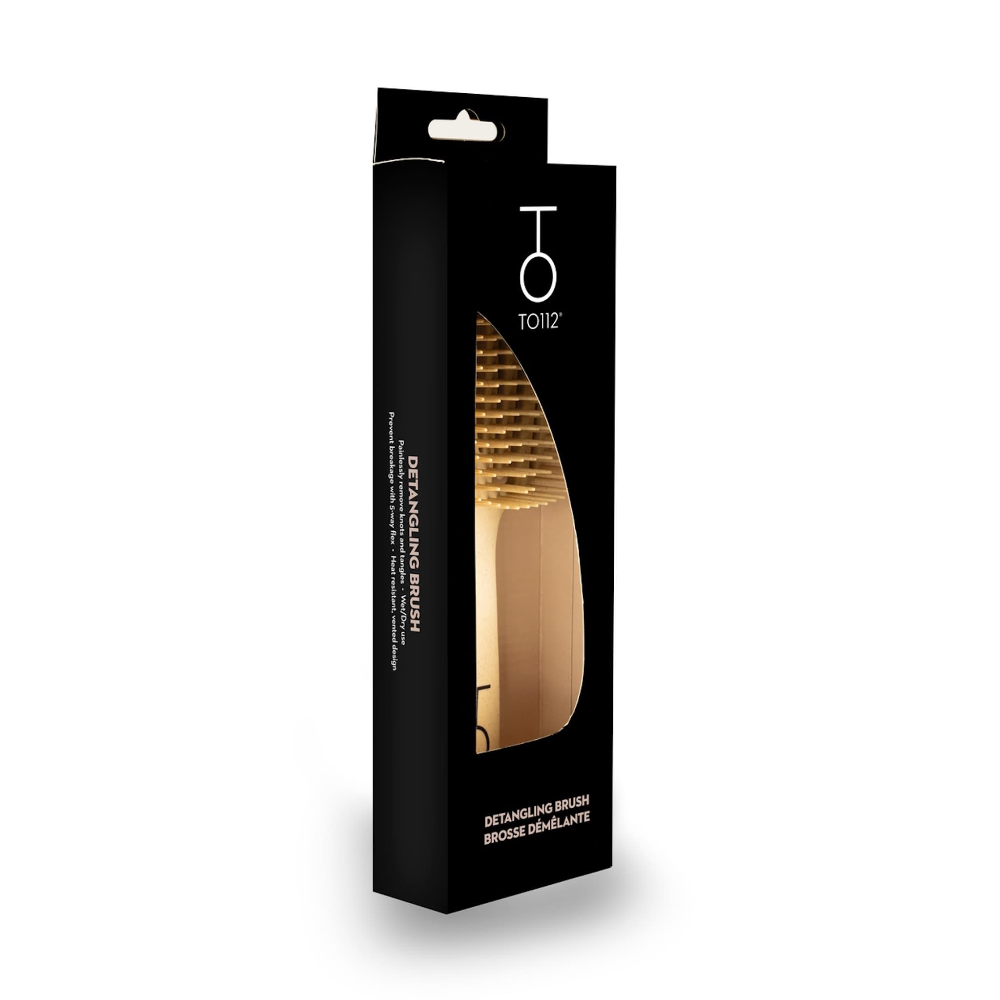 TO112 Detangling Brush made with biodegradable wheat straw plastic in a recycled paper box